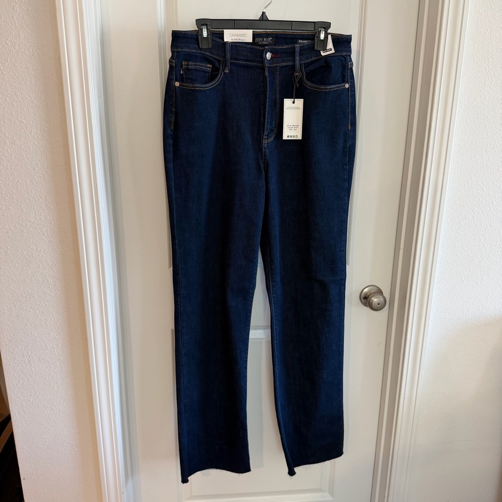 NWT Judy Blue Straight Leg Jeans 13/31 Blue Dark Wash High Rise Stretch Raw Hem